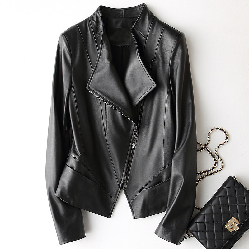2021 spring and autumn new item Haining leather leather women short slim motorcycle sheepskin jacket