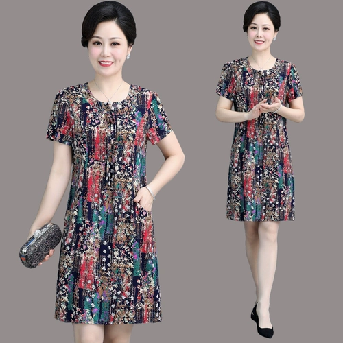 Платье, летняя одежда для матери, юбка, для среднего возраста, короткий рукав, в западном стиле, 50 лет, большой размер