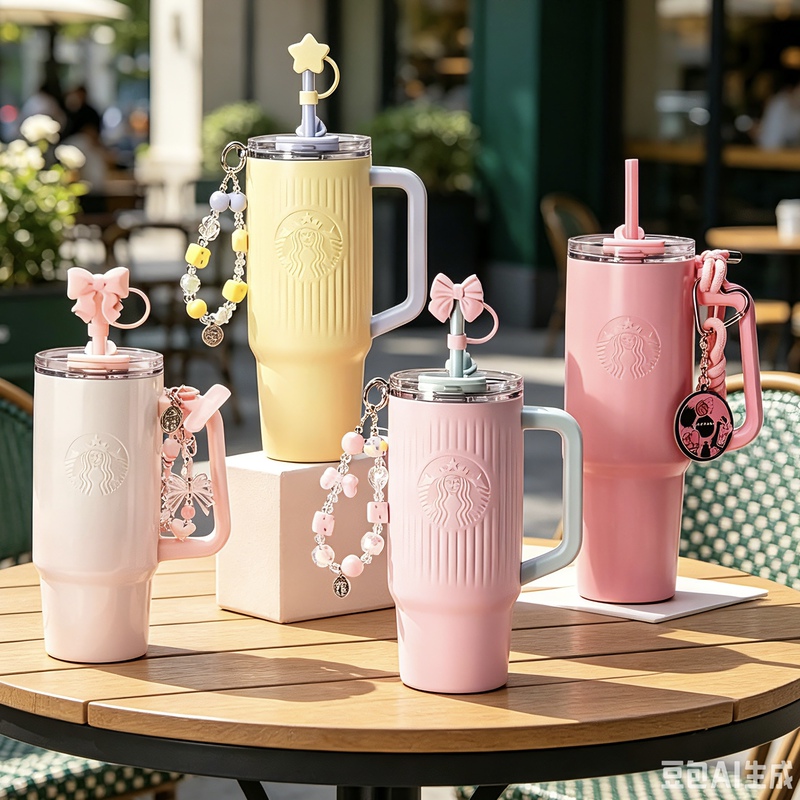 Starbucks Cup 2026 New Product Spring Clear Sky Yellow Pink Double Drinking Mouth Stainless Steel Ice Straw Cup