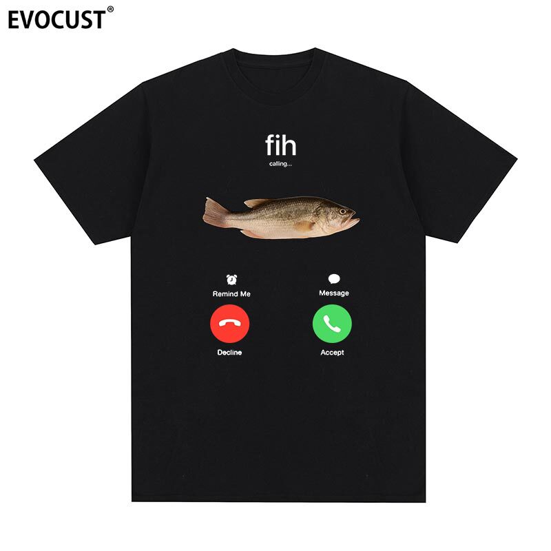 Fih Creative Fish Short-Sleeve T-Shirt with Phone Call Print, Fish Funny, European and American Style, Fun English Letters, Unisex Trendy