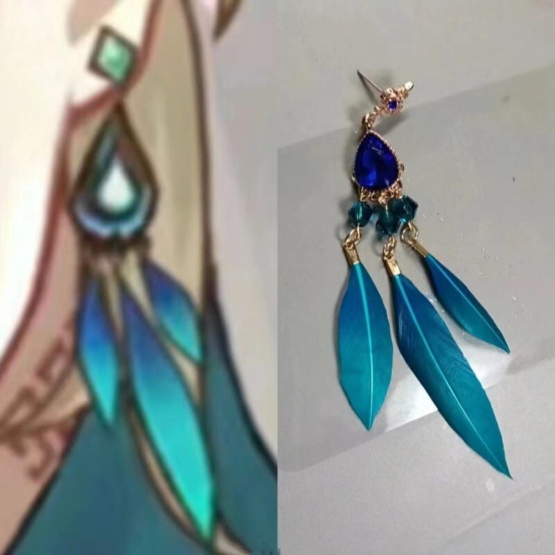 Gold-Plated Earrings, Ear Clips, Peacock Feather Earrings, Two-Dimensional Peacock Feather Fan-Made Style, Game Merchandise, Cosplay Earrings Gold-Plated Earrings, Ear Clips, Peacock Feather Earrings, Two-Dimensional Peacock Feather Fan-Made Style, Game Merchandise, Cosplay Earrings