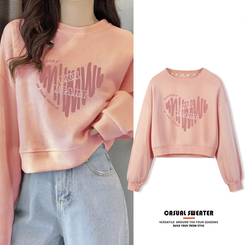 Pink Autumn and Winter Heart Sweatshirt for Women, Petite Size, 2026 New Style, Round Neck, Short, High-Waisted, Thin Autumn and Winter Top