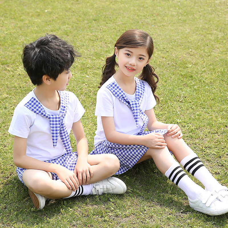 Kindergarten garden dress summer cotton school uniform suit for first- and second-grade primary school students sports lattice suit