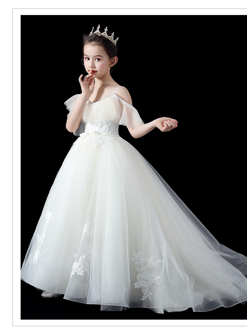 Đầm trẻ em váy trắng đuôi dài lưới gạc váy bé gái sân khấu catwalk cao cấp trang phục hoa cô gái váy dạ hội - Váy trẻ em quần áo trẻ em cao cấp