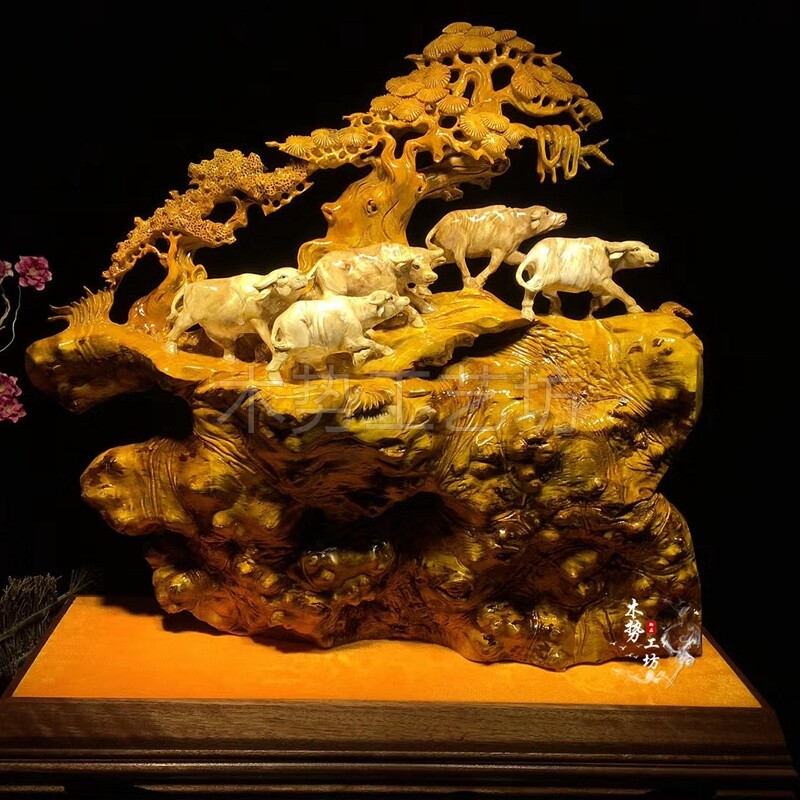 Cliff cypress flowers, birds, lions, tigers, leopards, golden silk, nanmu, landscape root, carving, wood carving, animals, lucky ornaments