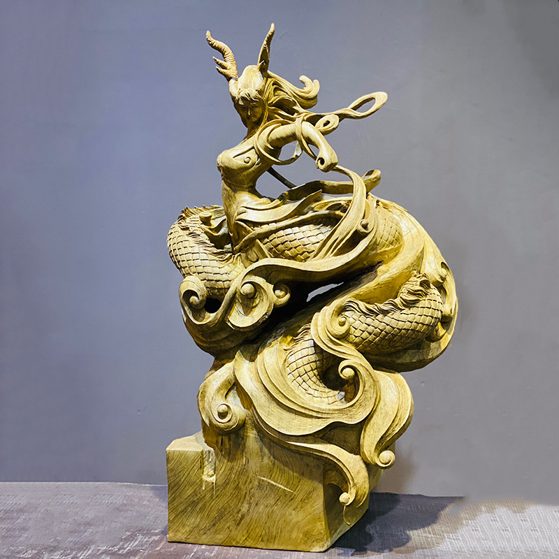 Cliff Bergin Silk Nanmu Small Dragon Woman Sea Queen Goddess Root Sculptures Art Pendulum Home Company's Fortune Decorations