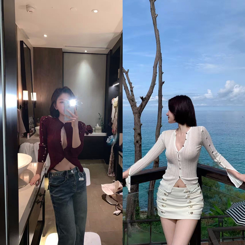 Chenbaiyi Sister's Signature Knit Sweater, 48-Count Yali Shuang 70D Nylon, Pure Desire Button Cardigan