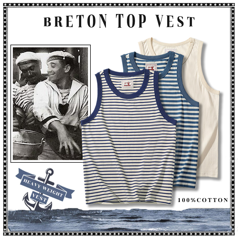 Ame-Kaji Heavy-Duty Sailor-Style Striped Sleeveless Vest for Men, American Retro Pure Cotton Fitness Undershirt