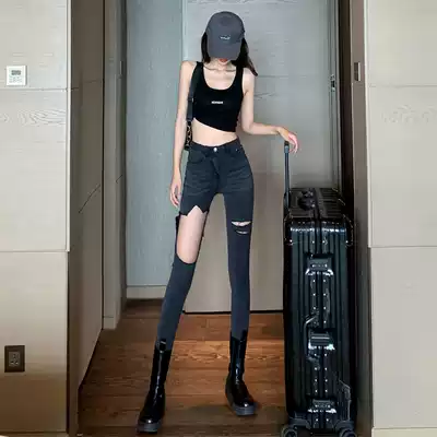 Autumn sexy black hole jeans design sense high waist thin high pipe pants tight pencil pants