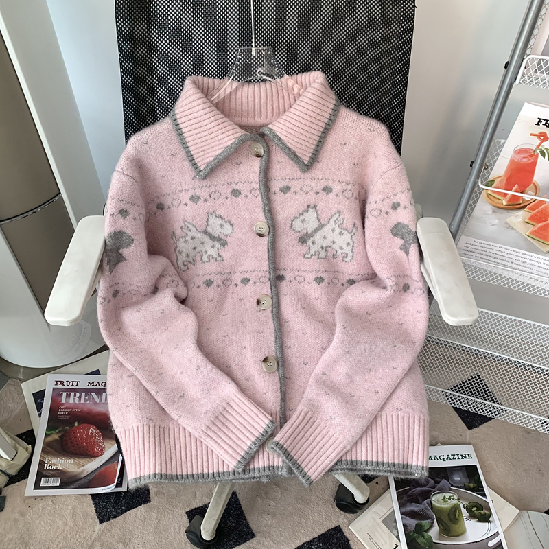 Autumn New Casual Versatile Loose-Fitting Fair Isle Yarn Puppy Jacquard Sweater