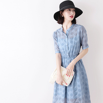 Canary Kiss French small fresh dress Womens summer retro temperament Tencel wave dot printing high waist A-line skirt