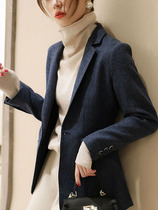 Blue woolen suit jacket women 2021 autumn and winter New slim design sense niche medium long wool small suit