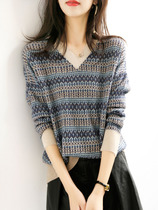 Canary Kisse blue wool sweater women V collar literary temperament loose sweater wear base shirt autumn and winter