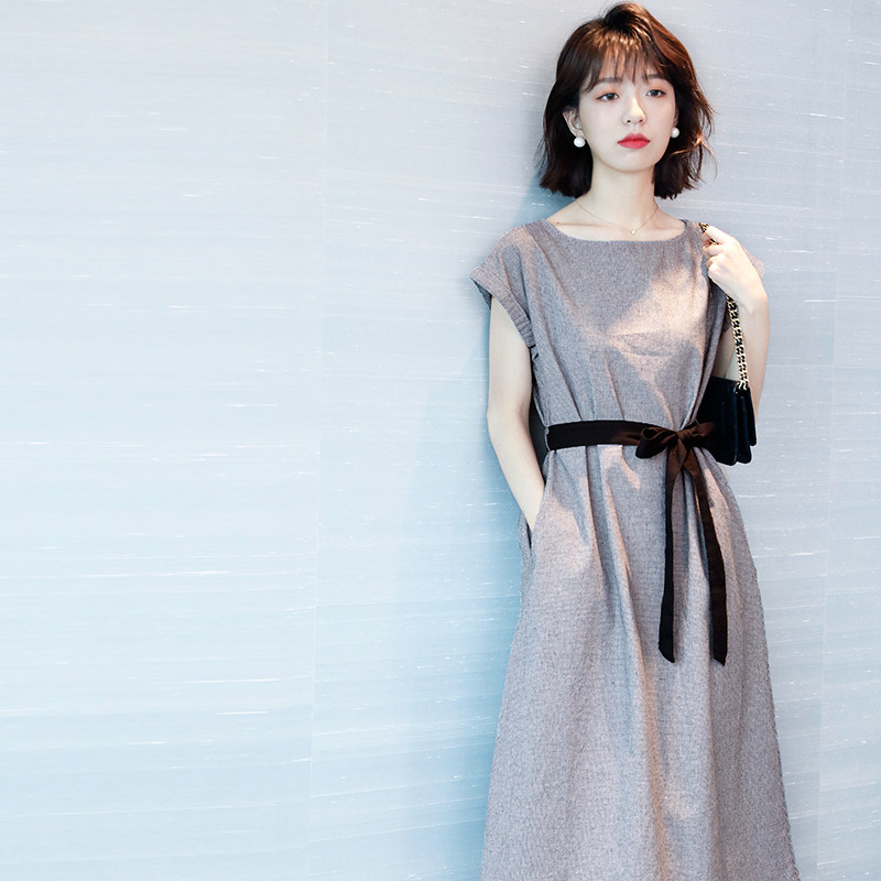 Canary Kiss houndstooth cotton and linen dress women's summer tie-up mid-length linen skirt with slim waist and waist