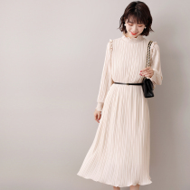 Canary Kiss beige chiffon dress female French fungus lace long temperament thin pleated skirt
