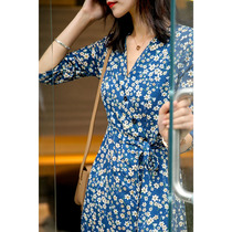 Canary Kiss floral dress Female summer temperament goddess Fan waist thin V-neck wrap-around tea break skirt
