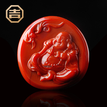 Ji Yongfa Sichuan Liangshan south red agate pendant finely carved persimmon red natural full color full meat Maitreya Buddha