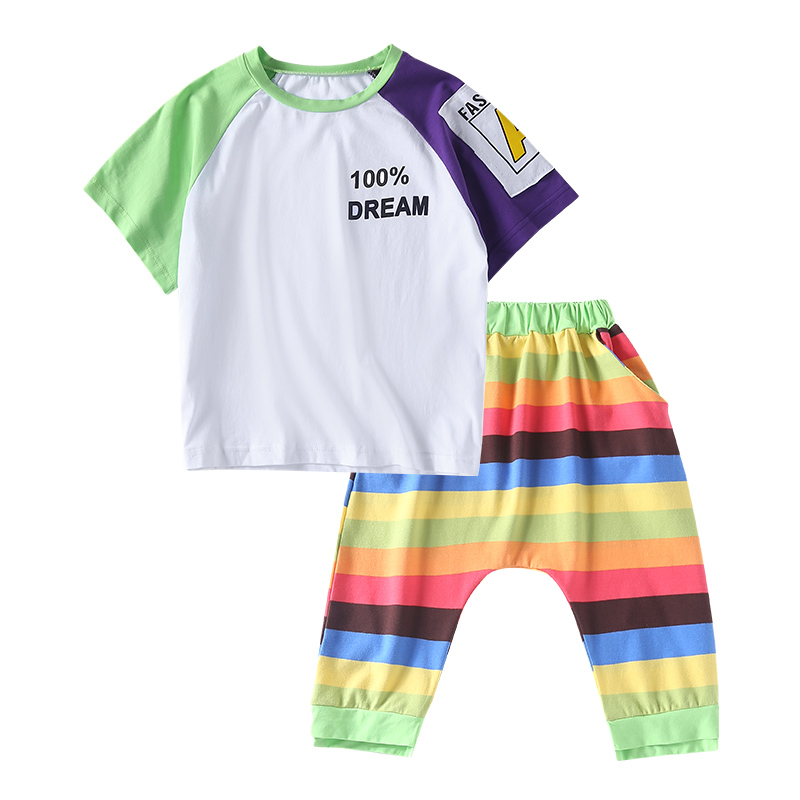 Cô gái Summer Outfit 2020 New Loose Air Sports Wear Cầu vồng sọc Little Girl Bảy quần hai mảnh.