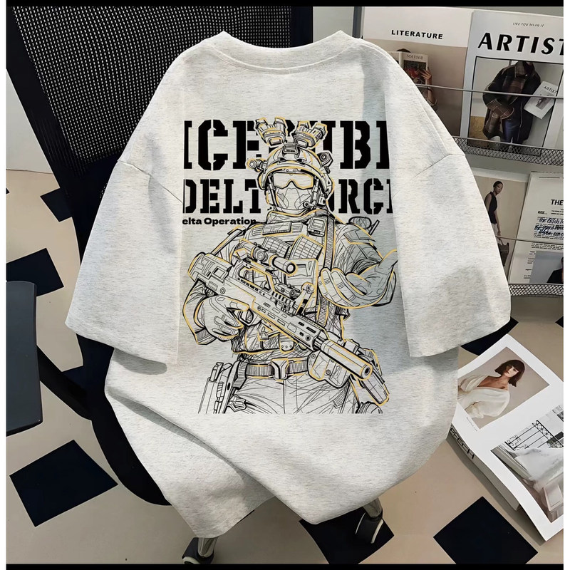 Delta Warrior Game Peripheral Short-Sleeve Youth 100% Heavyweight Cotton Crew Neck Loose Summer T-Shirt Men's Clothing