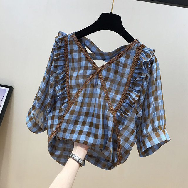 2022 design sense age reduction student t-shirt female summer fat sister all-match plaid casual top chic small shirt