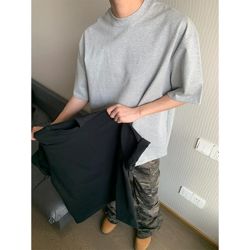 320 г серая футболка с плотным цветочным принтом на правое плечо, мужская футболка с небольшим вырезом, три иглы из чистого хлопка, с короткими рукавами, американская чистая посадка с половиной рукава