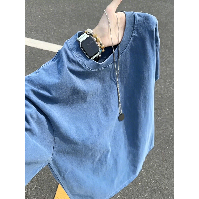 Blue Heavyweight Washed Distressed Short-Sleeve Men's Summer American Retro Pure Cotton Crew Neck T-Shirt Loose Fit Couple Half-Sleeve