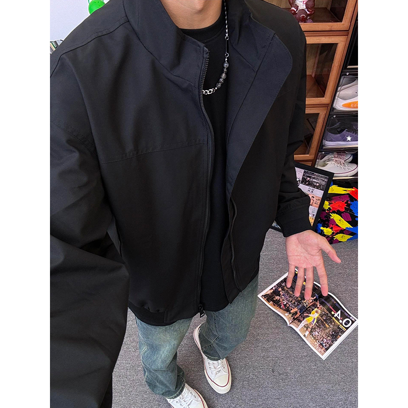 American Retro Cleanfit Black Baseball Jacket Men's Spring & Fall Soft Shell Jacket Stand Collar Bomber Jacket