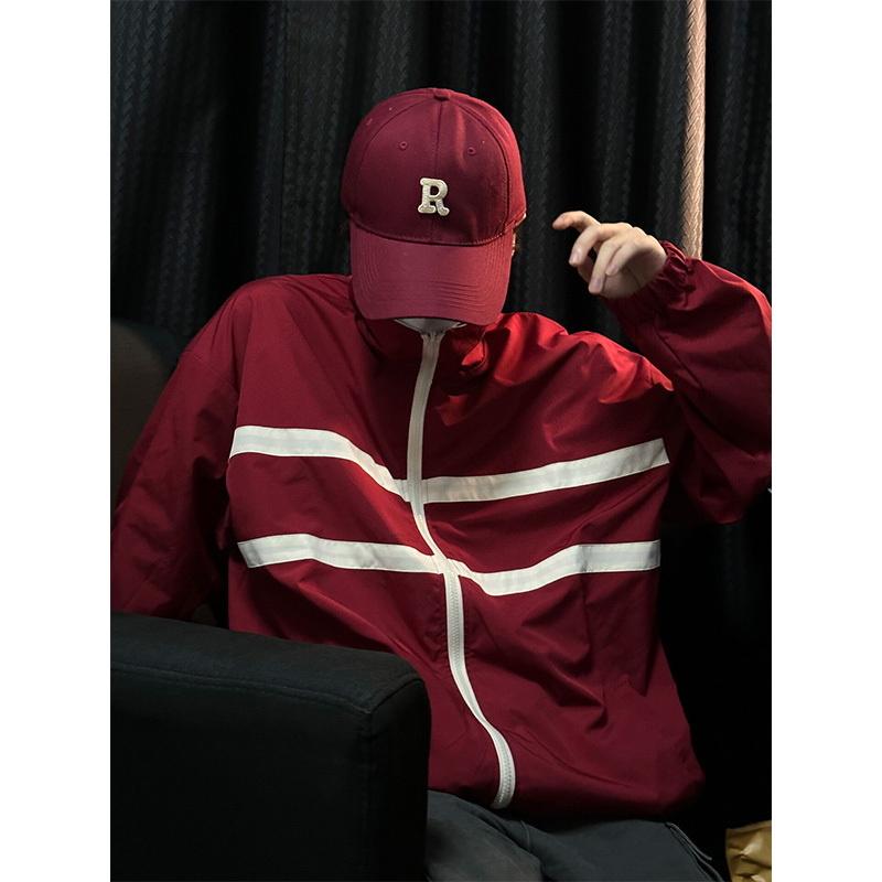 Burgundy Reversible Jacket for Men, Trendy Brand, Spring and Autumn, High-End Softshell Waterproof Jacket, American High Street Baseball Jacket