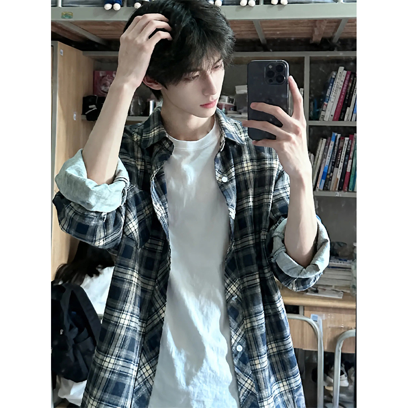 American Retro Navy Plaid Shirt for Men, Spring Youthful Long-Sleeved Shirt, Cleanfit Couple Cardigan Jacket