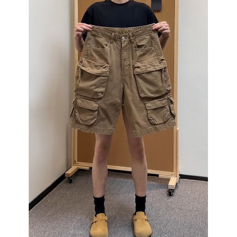Khaki Multi-Pocket Lumberjack Cargo Shorts for Men, Summer Niche Vibe American Retro Thin Five-Point Shorts