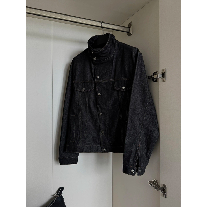 Black Slanted Collar Raw Denim Jacket for Men, Spring and Autumn Cleanfit American Style Stand Collar Boxy Short Wide Stiff Jacket Black Slanted Collar Raw Denim Jacket for Men, Spring and Autumn Cleanfit American Style Stand Collar Boxy Short Wide Stiff Jacket