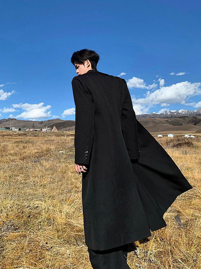 韩系黑色毛呢大衣男秋冬中长款高级感cleanfit正肩英伦风风衣外套