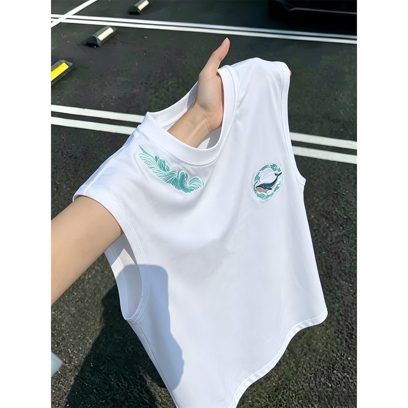 White Embroidered Small Collar Vest for Men, Summer Heavyweight Pure Cotton Sleeveless T-Shirt, High-End Sports Undershirt White Embroidered Small Collar Vest for Men, Summer Heavyweight Pure Cotton Sleeveless T-Shirt, High-End Sports Undershirt