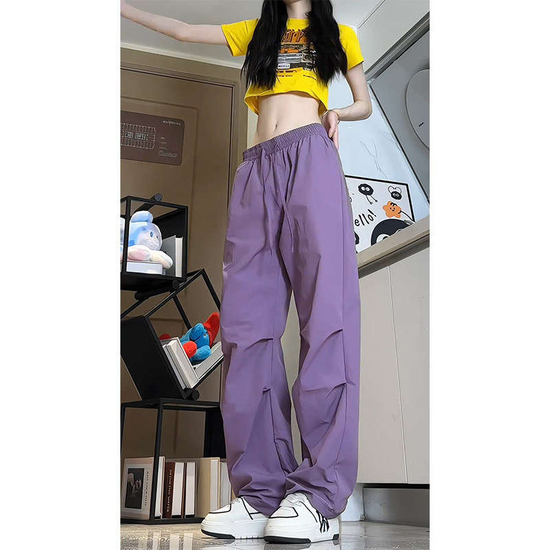 Dopamine Style Plum Purple Ice Silk Pants for Men, Summer Thin American-Style Quick-Dry Cargo Pants, Pleated Paratrooper Pants
