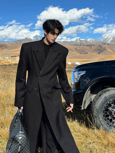 韩系黑色毛呢大衣男秋冬中长款高级感cleanfit正肩英伦风风衣外套