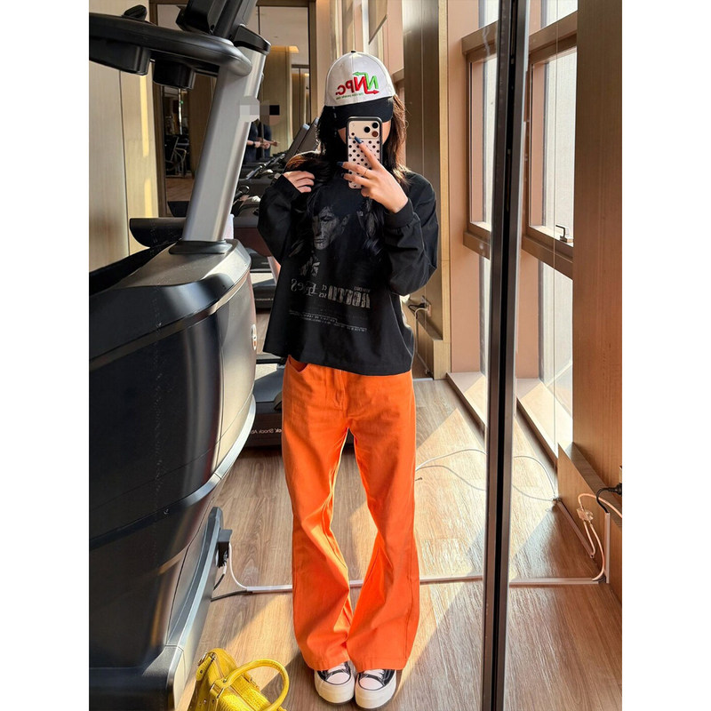 Orange Curved Hem Casual Pants for Men and Women, Summer Cleanfit Straight-Leg Slightly Flared Pants with High-End Drape Effect, Ice Silk Pants