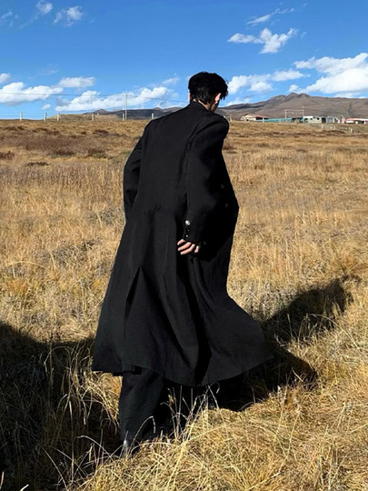 韩系黑色毛呢大衣男秋冬中长款高级感cleanfit正肩英伦风风衣外套