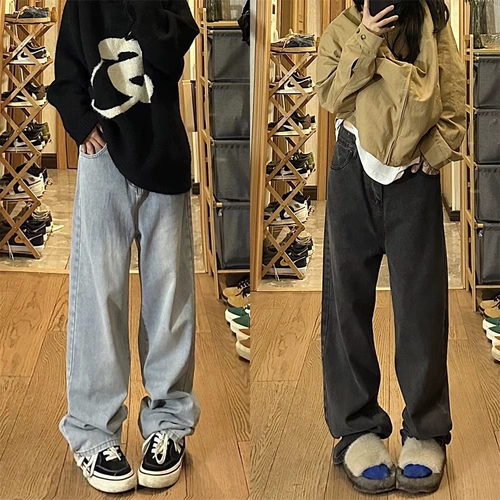 Штаны, синие джинсы, в американском стиле, свободный прямой крой