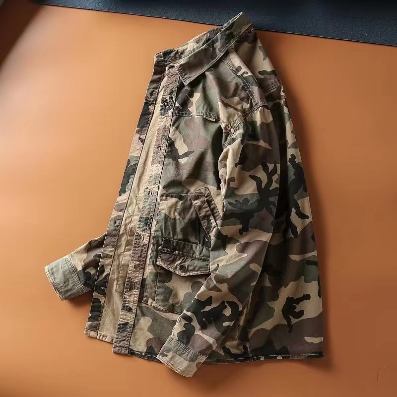 Ami Khaki Retro Camouflage Work Jacket Men's Long-Sleeved Work Wear-Resistant Cotton Shirt American Bomber Jacket