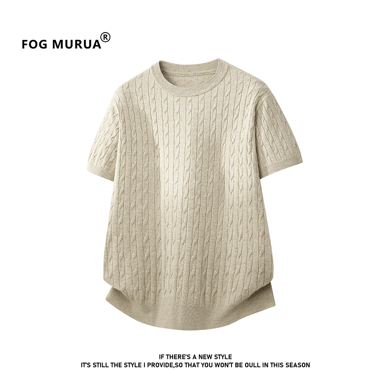 Fog Murua New Old Money Style Twist Knit Crew Neck Short Sleeve T-Shirt for Men and Women, Summer Retro Casual Half-Sleeve Trendy