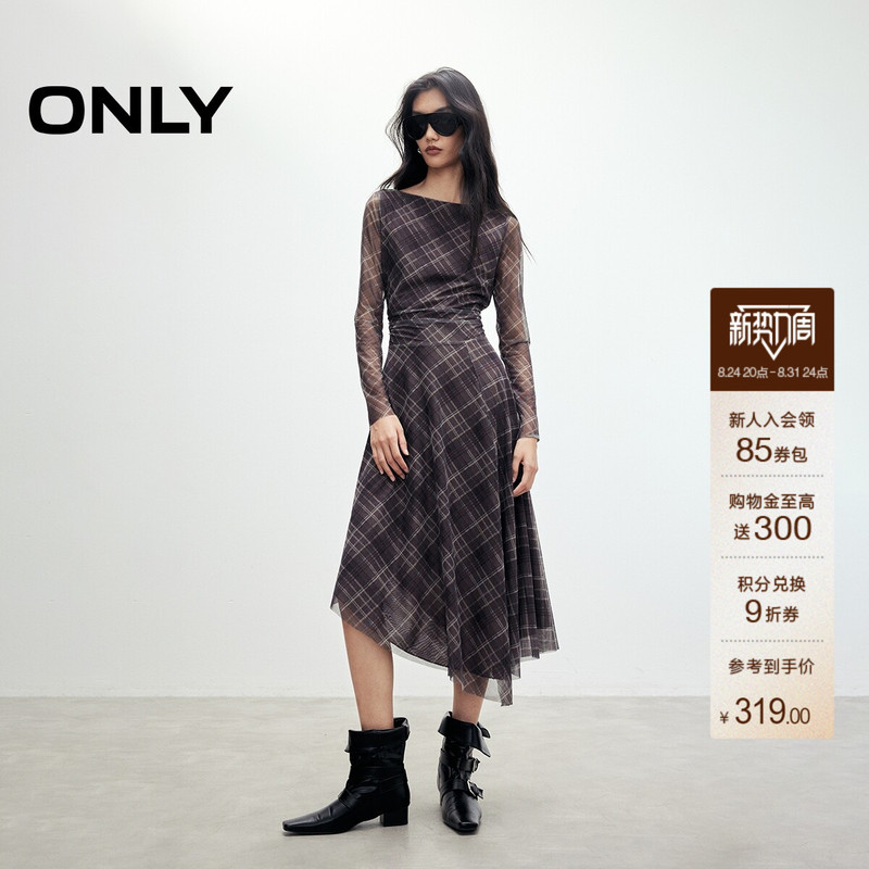 Only2026 New Autumn Collection, Stylish Off-Shoulder Design, Asymmetrical Mid-Length Plaid Dress for Women Only2026 New Autumn Collection, Stylish Off-Shoulder Design, Asymmetrical Mid-Length Plaid Dress for Women