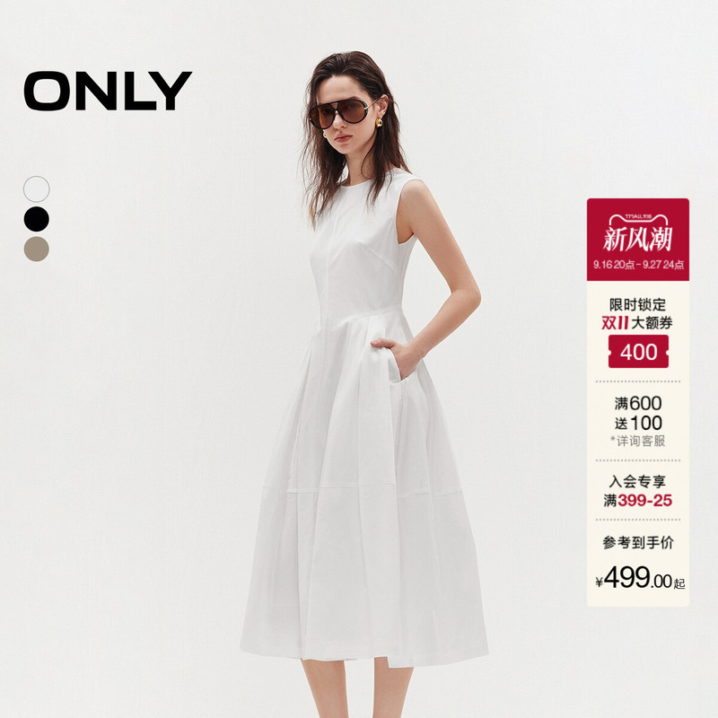 Only2026 Autumn New Elegant Sleeveless Waist-Slimming Solid Color A-Line White Black Mid-Length Dress