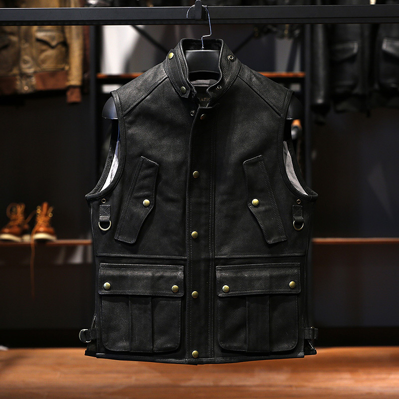 Spring and Autumn Men's Hunting Vest Genuine Leather Stand Collar Motorcycle Thickened Distressed Cowhide Work Slim Fit Vest