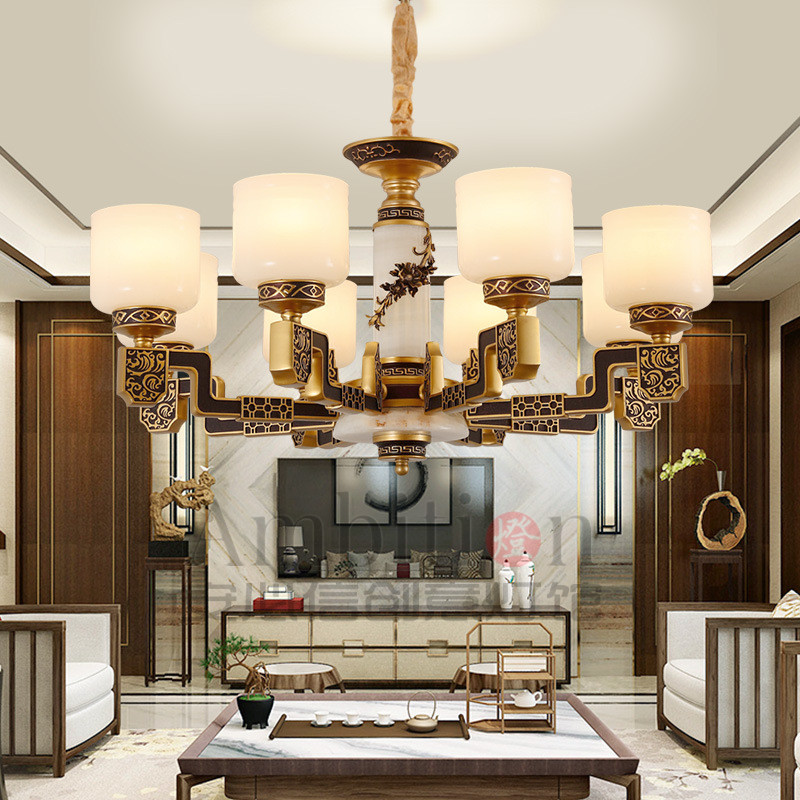 New Chinese Atmosphere Clubhouse Hotel Chandelia Jade Modern China Wind Light Luxury Duplex Building Hollow Living Room Dining Room