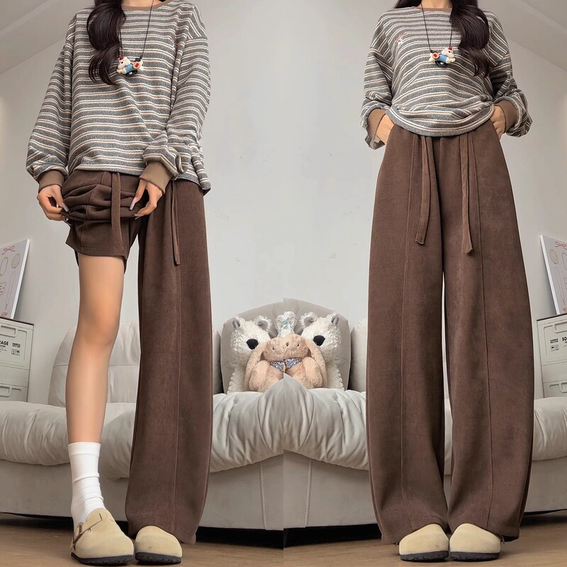 Women's Curved-Leg Pants, Autumn and Winter 2025 New Style, Fleece-Lined, Straight-Leg, High-Waisted, Casual, Lazy Style, Petite, Corduroy, Wide-Leg Pants