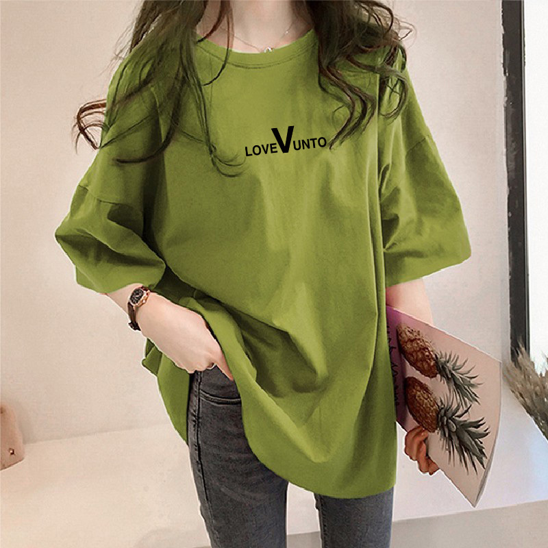 Cotton Avocado Green Mid-Length Oversized T-Shirt for Women, Summer Short-Sleeve ins Trendy Top That Covers the Butt