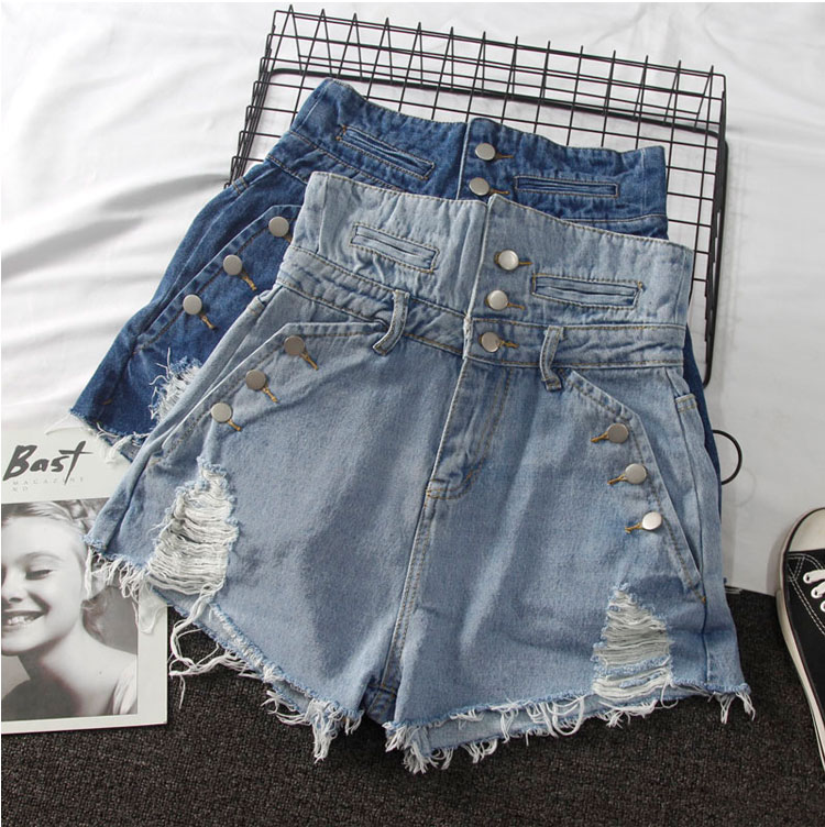 Cut-out 2020 mùa hè chương trình mới sang trọng phiên bản cổng lỗ cut-out eo siêu cao denim quần short của phụ nữ quần short rộng chân