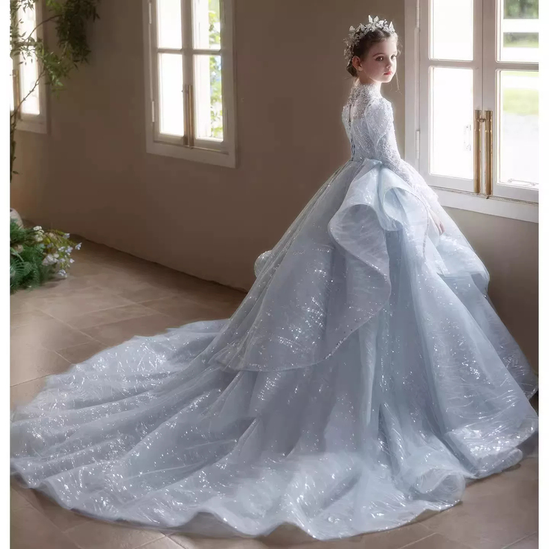 Girls' Host Evening Gown Princess Dress with Train, Blue-Gray Long-Sleeve Dress for Girls' Piano Performance and Runway Show