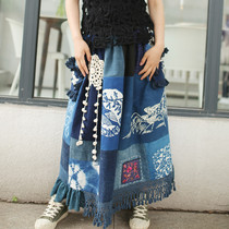 Blue fantasy~Love Forest original design loose blue dyed embroidery old embroidery embroidery embroidery embroidery embroidery skirt