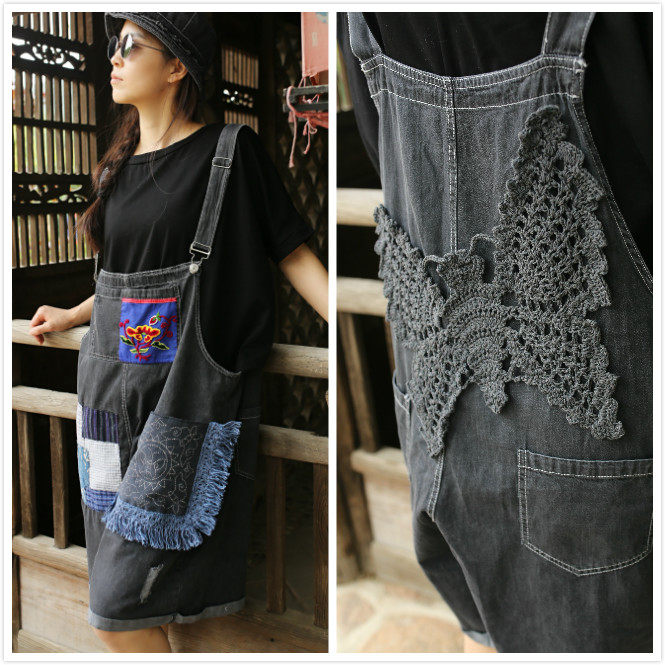 Jinkhai ~ i design irregularly embroidered old embroidery embroidery loose strap jeans shorts